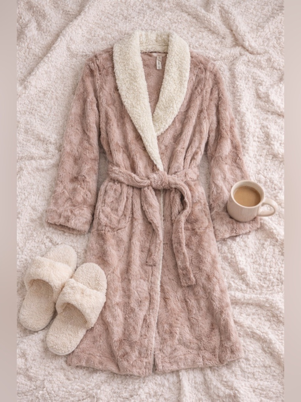 Gilligan & O’Malley Plush Robe Pink Blush Ivory Sherpa Collar XS/S Soft Cozy